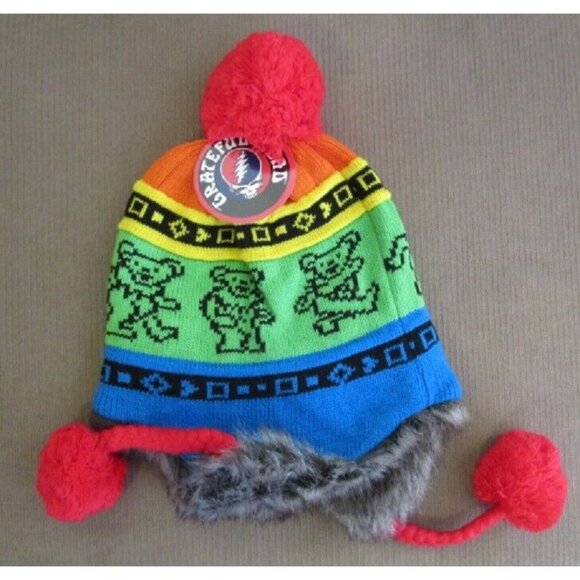 New Grateful Dead Knit Rainbow Dancing Bear Adult Laplander Hat Winter Fuzzy NWT - Picture 2 of 2